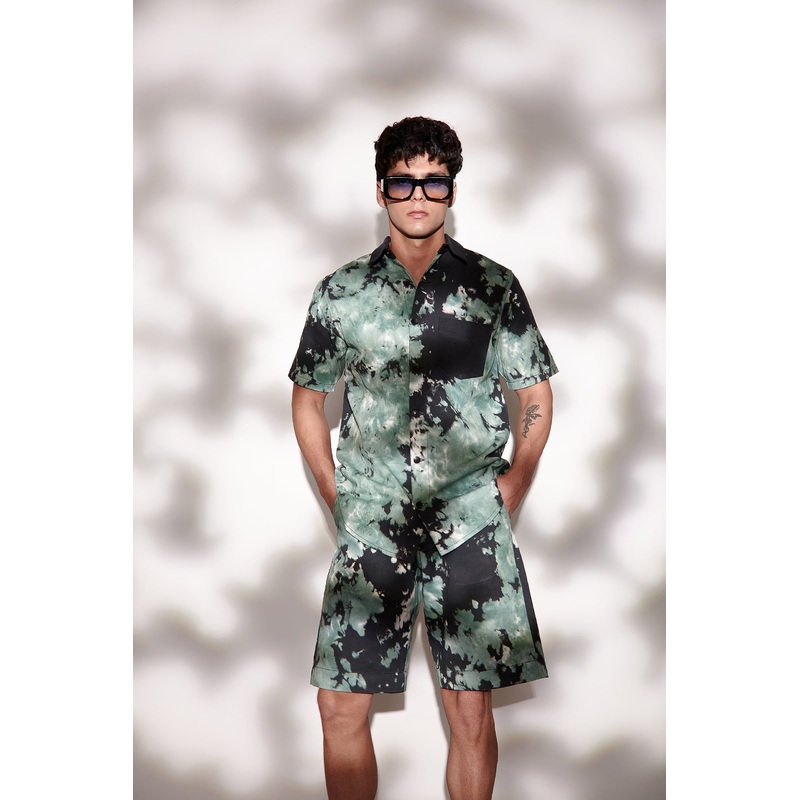 Tie & Dye Half-Sleeve Twill Shirt XS Green