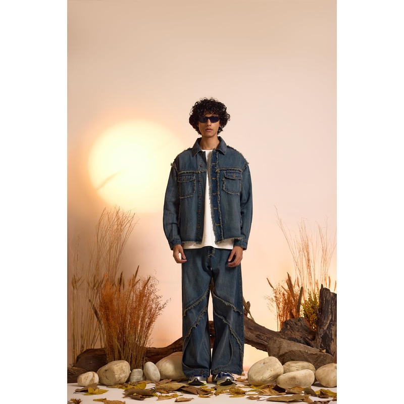 Vintage Wash Distressed Jacket & Jeans Set-Men XS 26 Blue