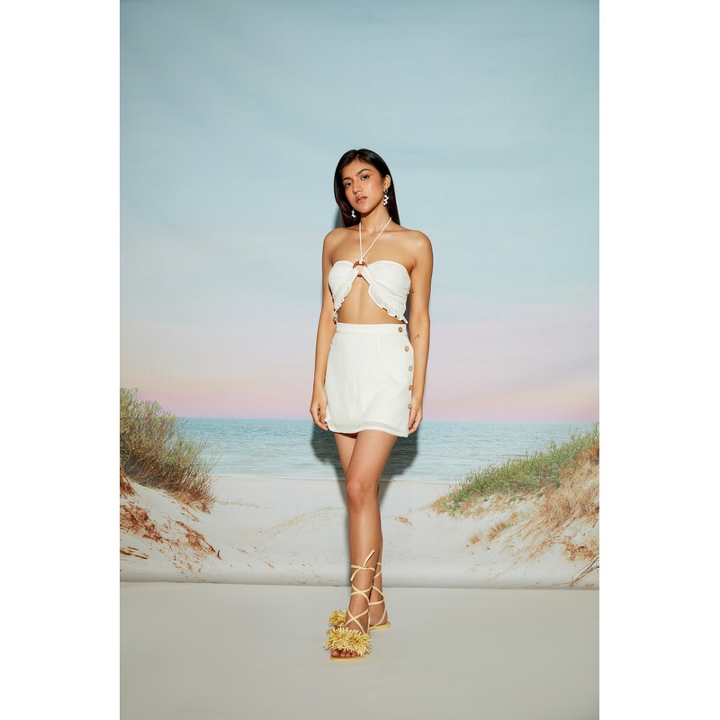 A Line Cotton Mesh Skirt with Wooden Buttons 24 White