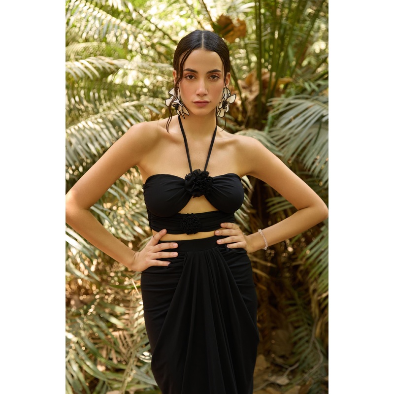 Black Corsage Tie-up Crop Top Black XS