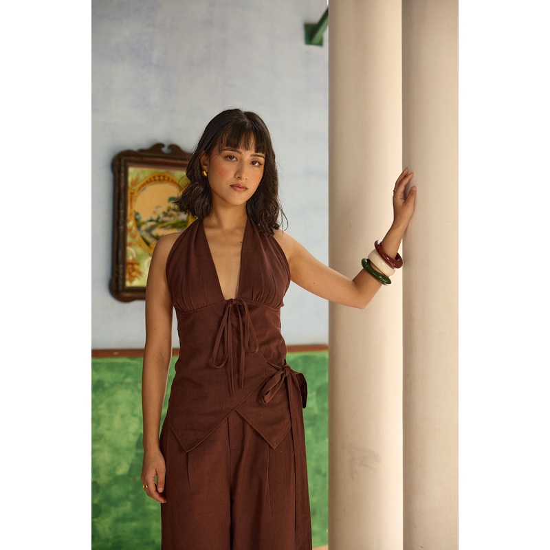 Brown Halter Neck Wrap around Top Brown XS