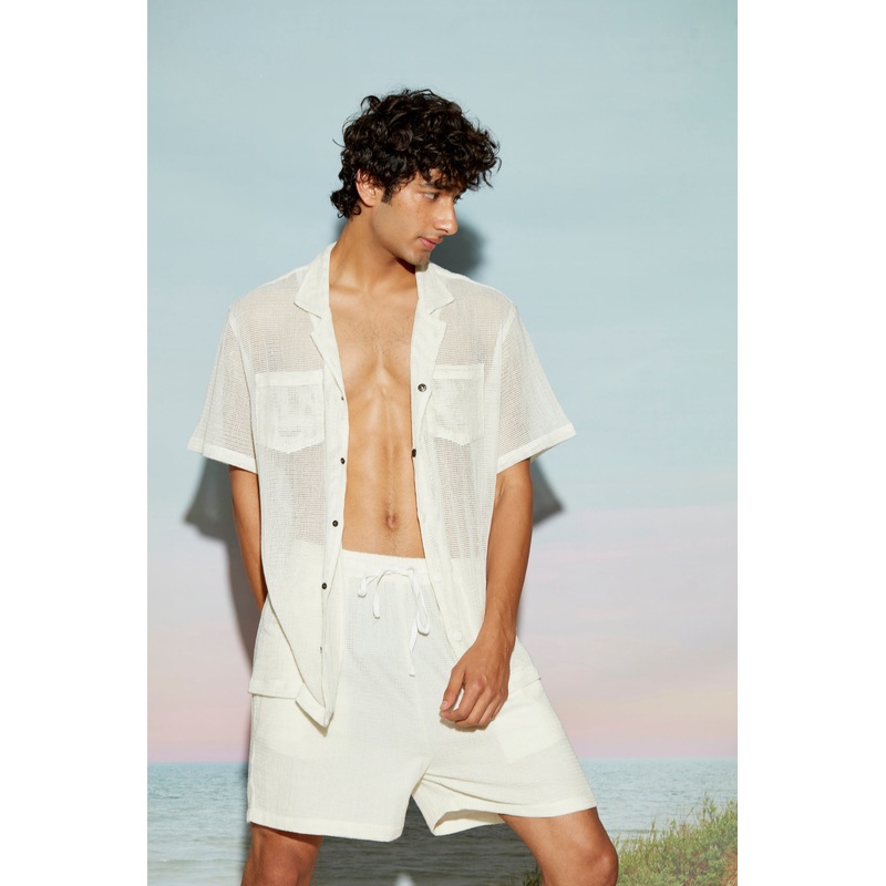 Cotton Mesh Mens Resort Shirt XS White