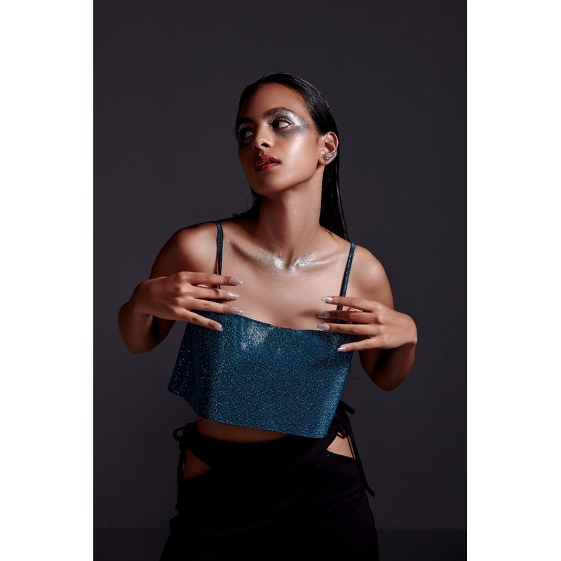 Crystal Embellished crop top- Blue XS Blue