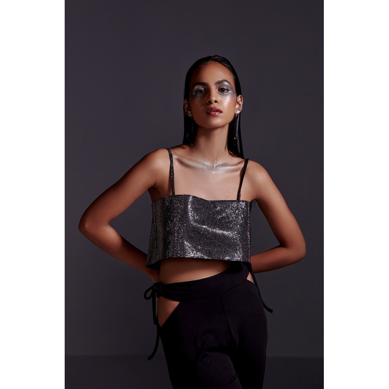 Crystal Embellished crop top- Grey XS Grey
