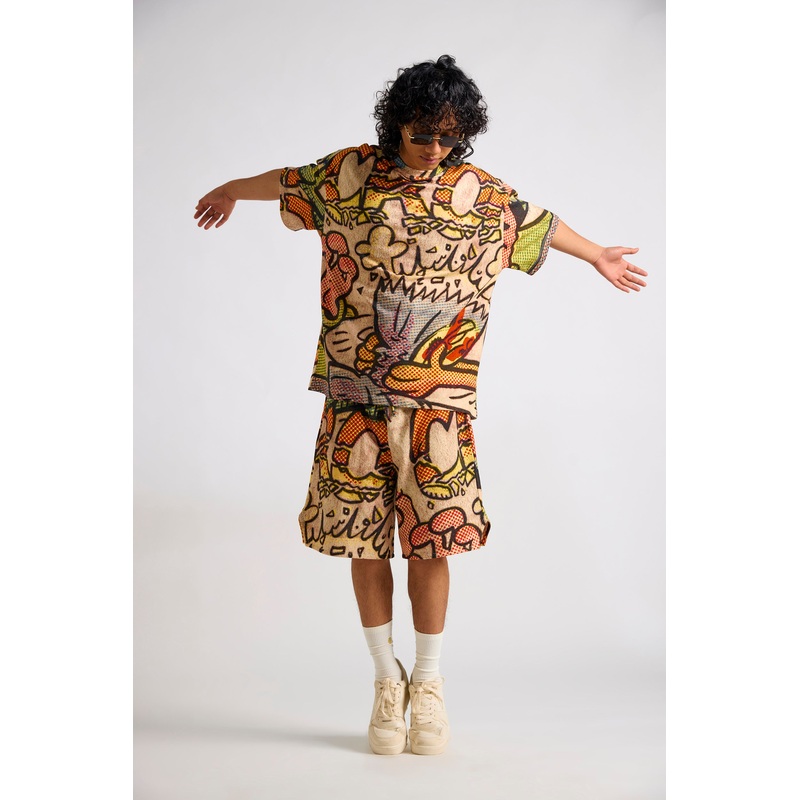 Garfield:Blown Out Printed Men’s Oversized T-Shirt and Shorts Set XS/S 26 Beige