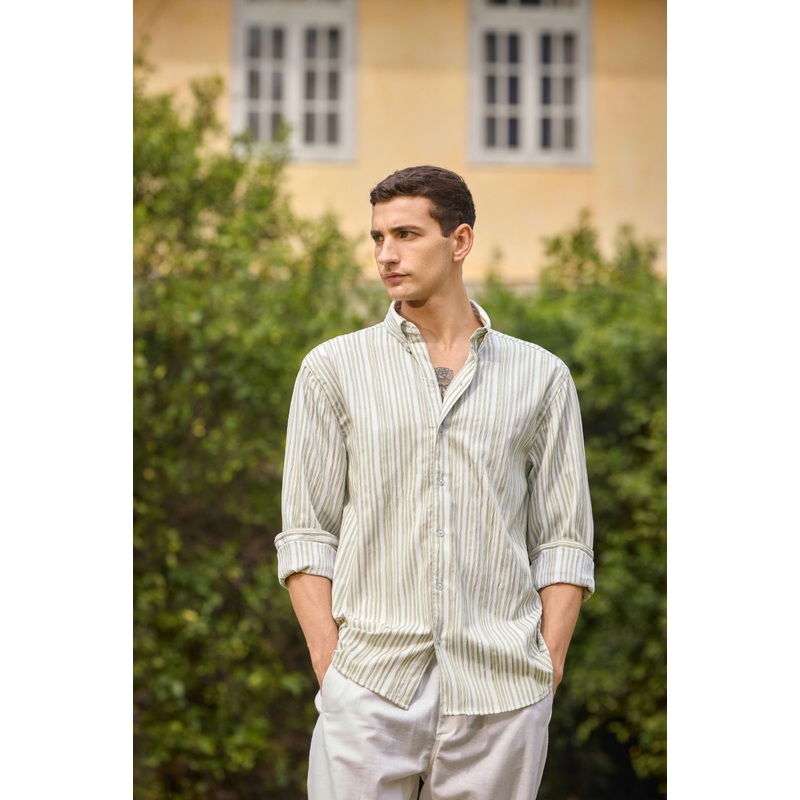 Mens Green Striped  Shirt Green XS