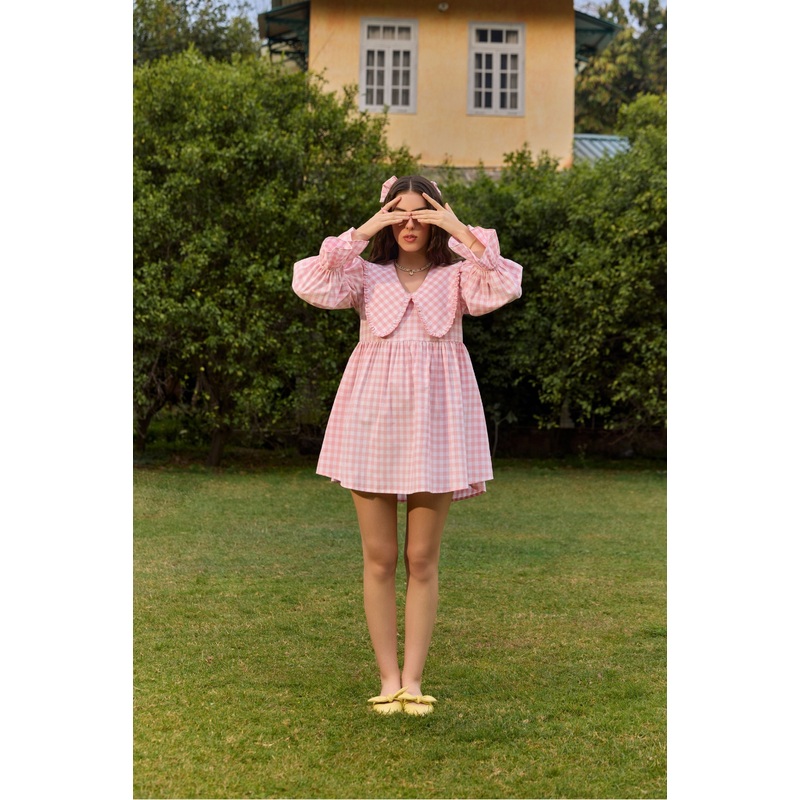 Pink Checked Flared Mini Dress Pink XS