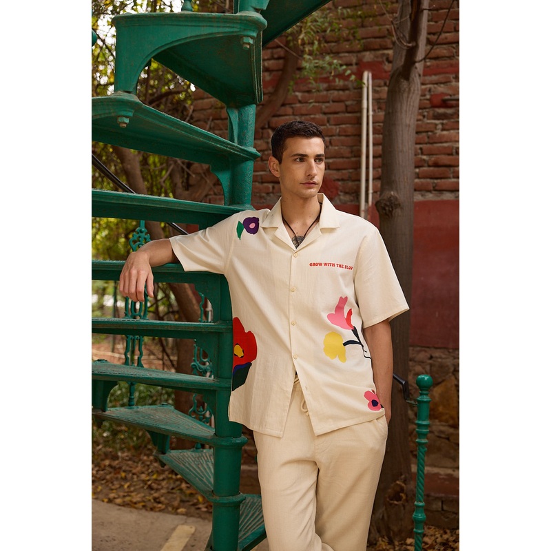 Premium Cotton Satin Floral Print Shirt XS White