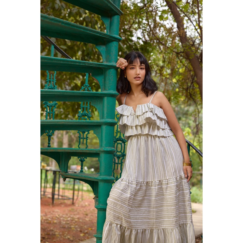 Striped Ruffle Tiered Maxi Dress Green XS