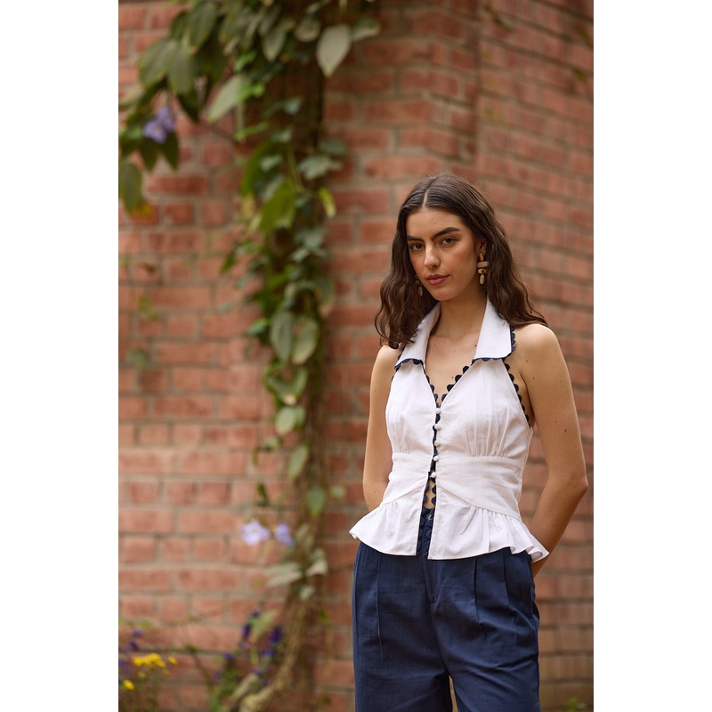 White Collared Peplum Top White XS