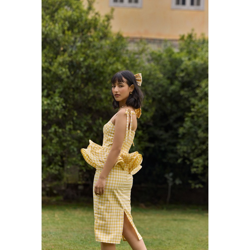 Yellow Gingham Peplum Top & Skirt Set Yellow XS 24