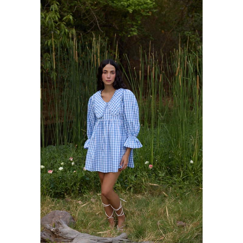 Blue Checked Flared Mini Dress Blue XS