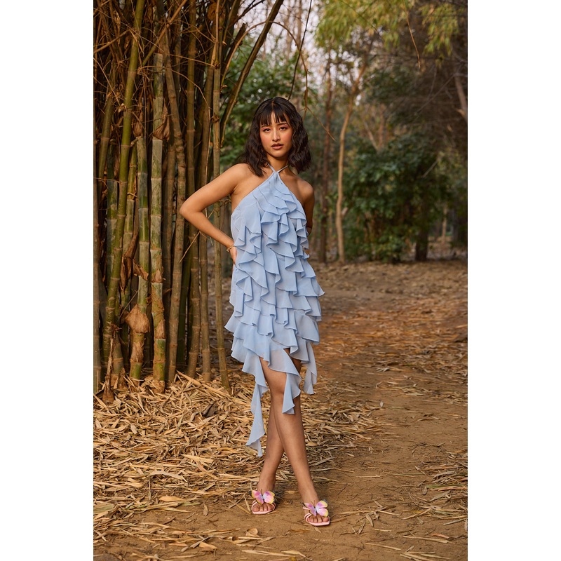 Blue Ruffled Halter Neck Dress Blue XS