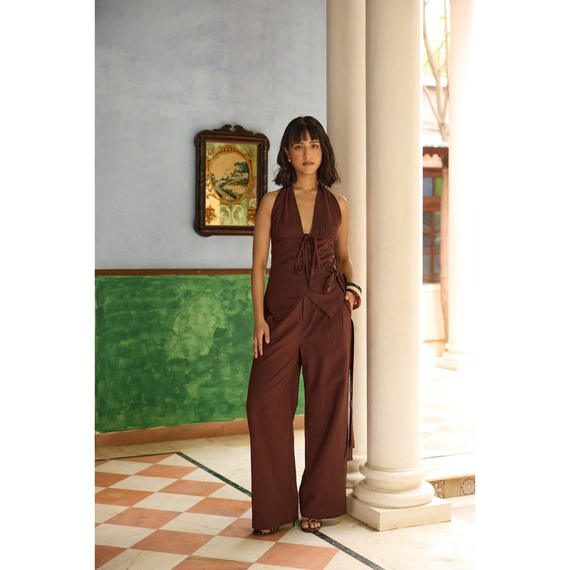 Brown Halter Neck Wrap around Top & Pants Brown XS 24