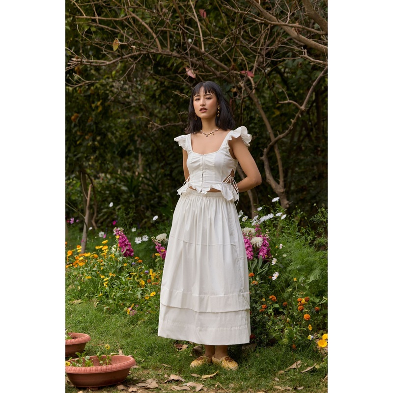 Chic Ruffle Poplin Midi Skirt White 24