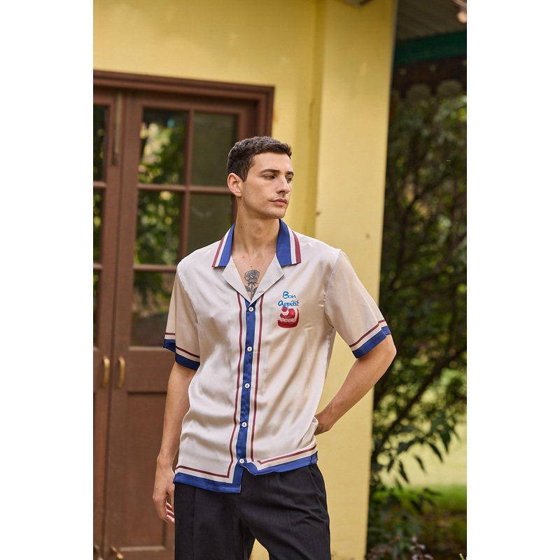 Cream Satin Printed Shirt  Bon Apptit off white XS