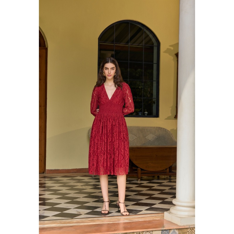 Elegant Cherry Red Lace Midi Dress Red XS