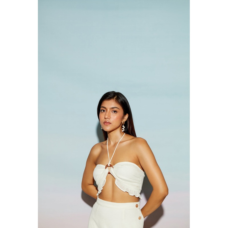 Gathered O Ring Top with Frills XS White