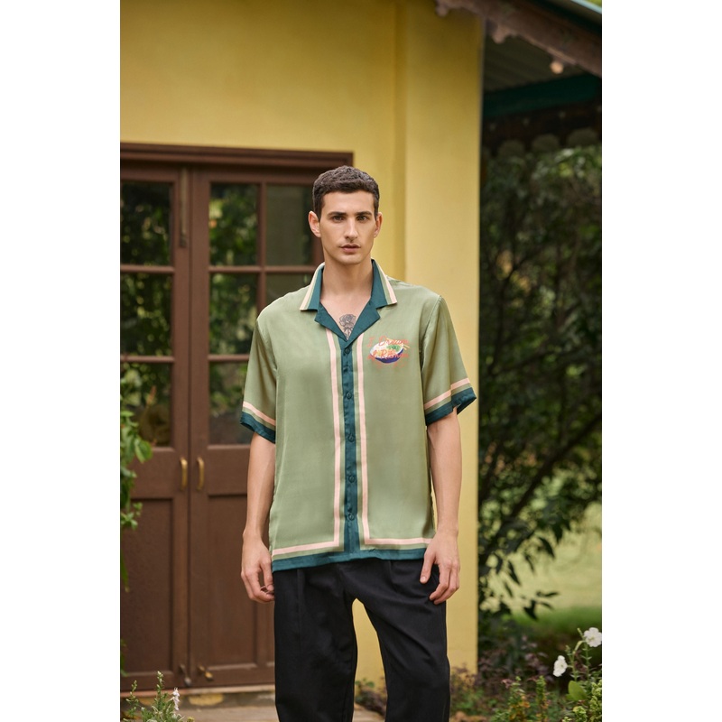 I Dream of Ramen Printed Camp Collar Satin Shirt  Olive Green Green XS