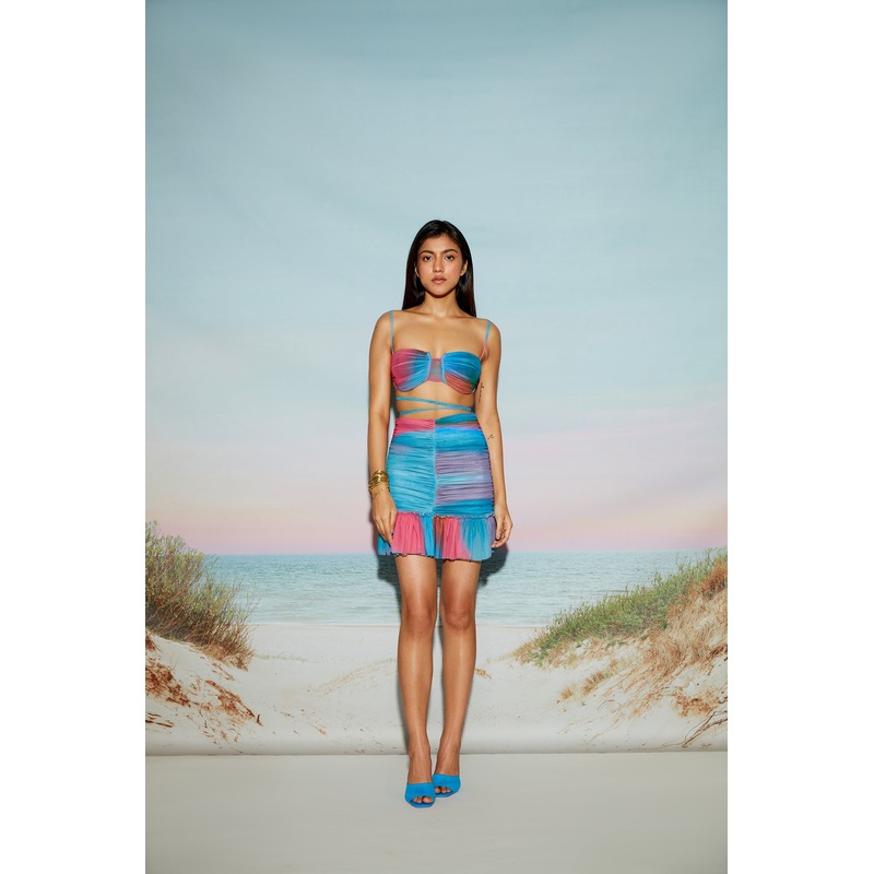 Ruched Bralette Top and Mini Skirt Set XS 24 Blue