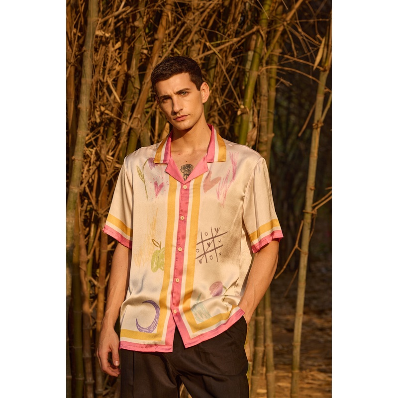 Satin Printed Camp Collar Shirt  Scribble Edition off white XS