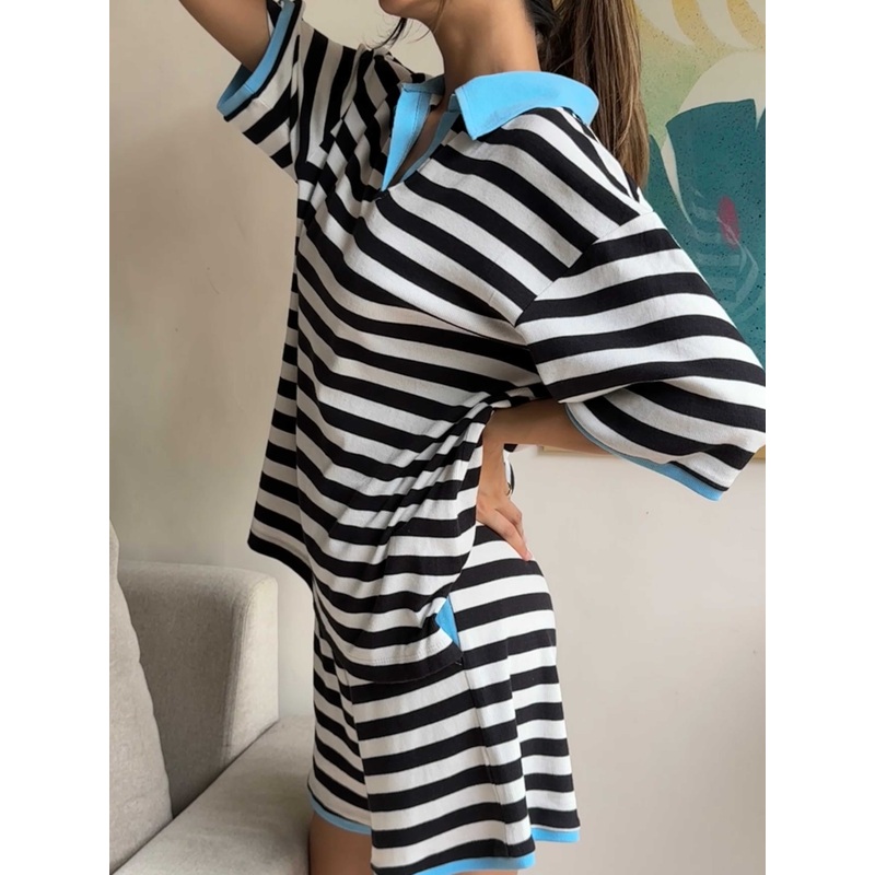 Black and White Striped Lounge Shorts Black 24