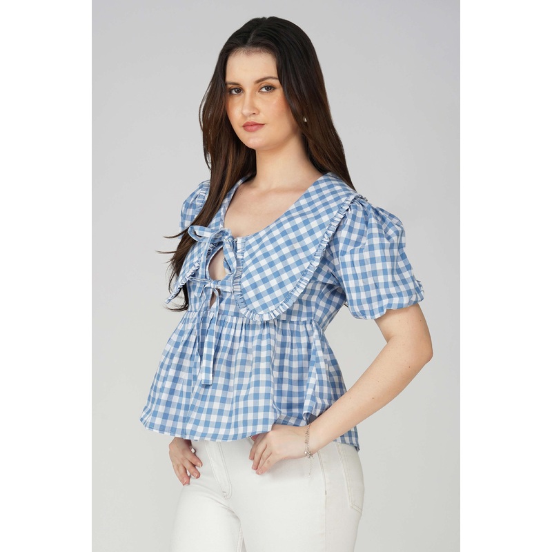 Blue Checked Front Tie-Up Peplum Top Blue XS