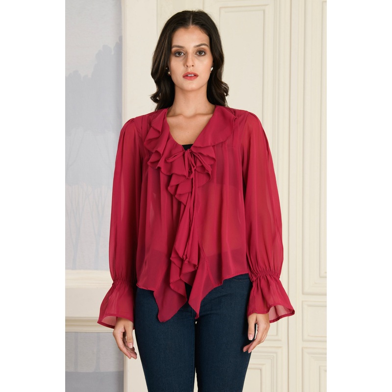 Fuchsia Pink Ruffle Top Pink XS