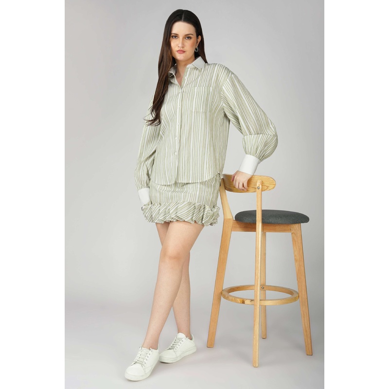 Green Striped Shirt and Skirt Set Green XS 24