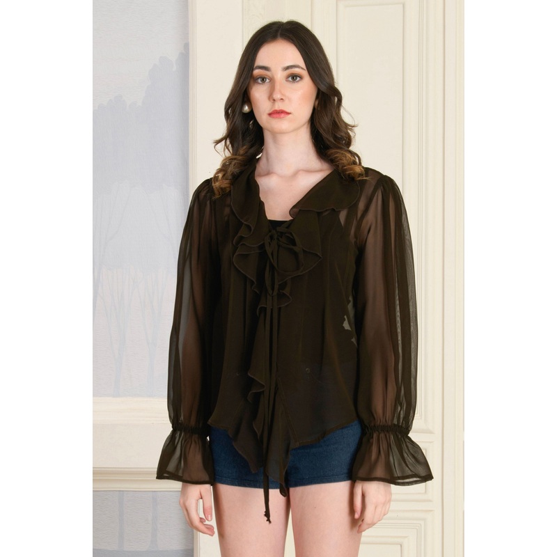Mocha Brown Ruffle Top Brown XS