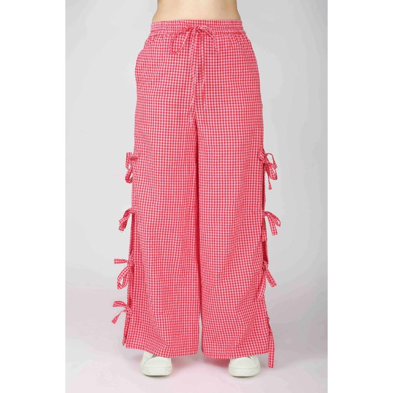 Red Gingham Side Slit Pants With Tie Ups Red 24