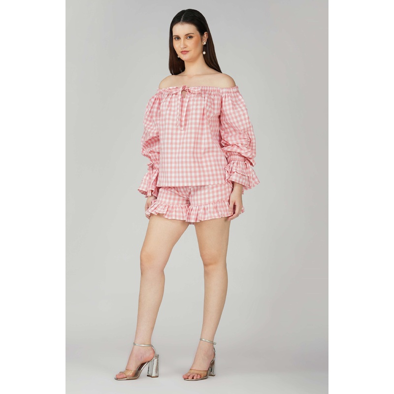Baby Pink Gingham Off Shoulder Co-ordSet Pink XS 24