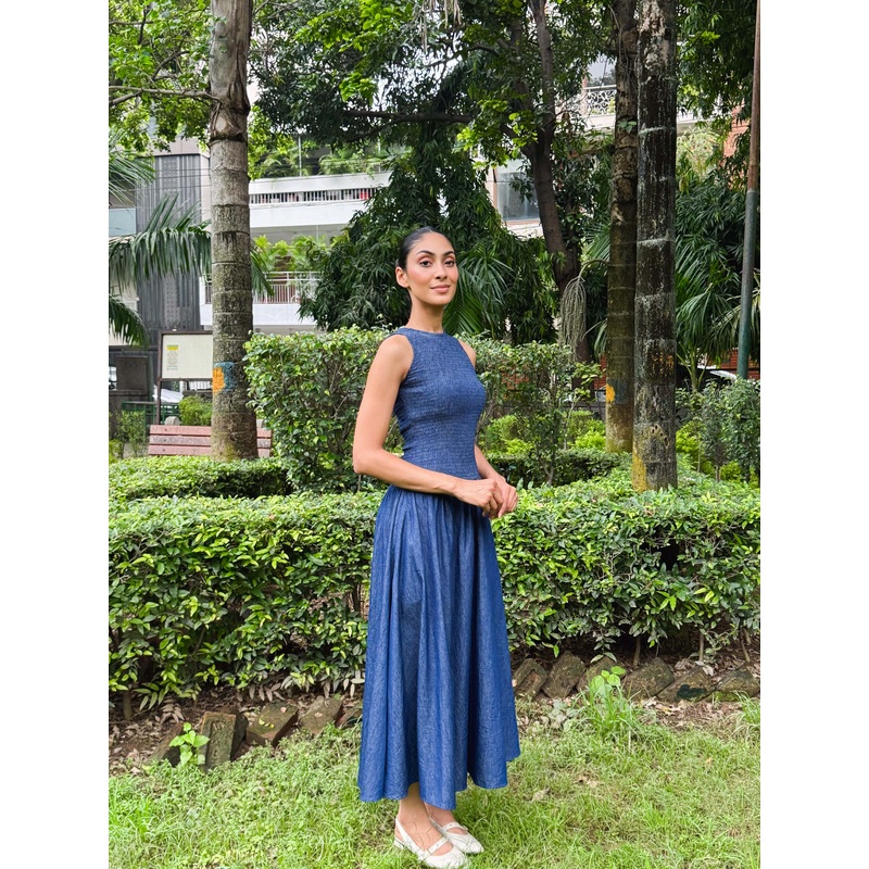 Blue Denim Smocked Bodice Dress Blue XS