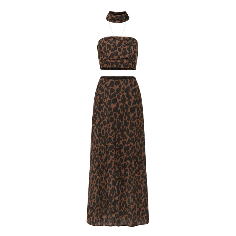 Brown Animal Print Tube Top & Maxi Skirt withScarf XS 24 Brown