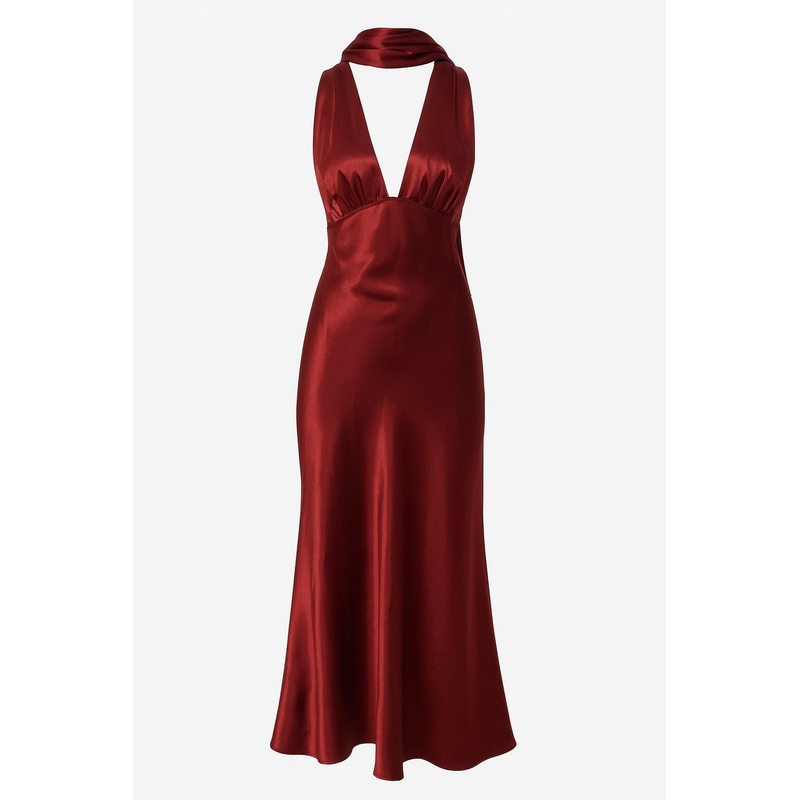 Crimson Allure Deep V Satin Maxi Dress XS Red