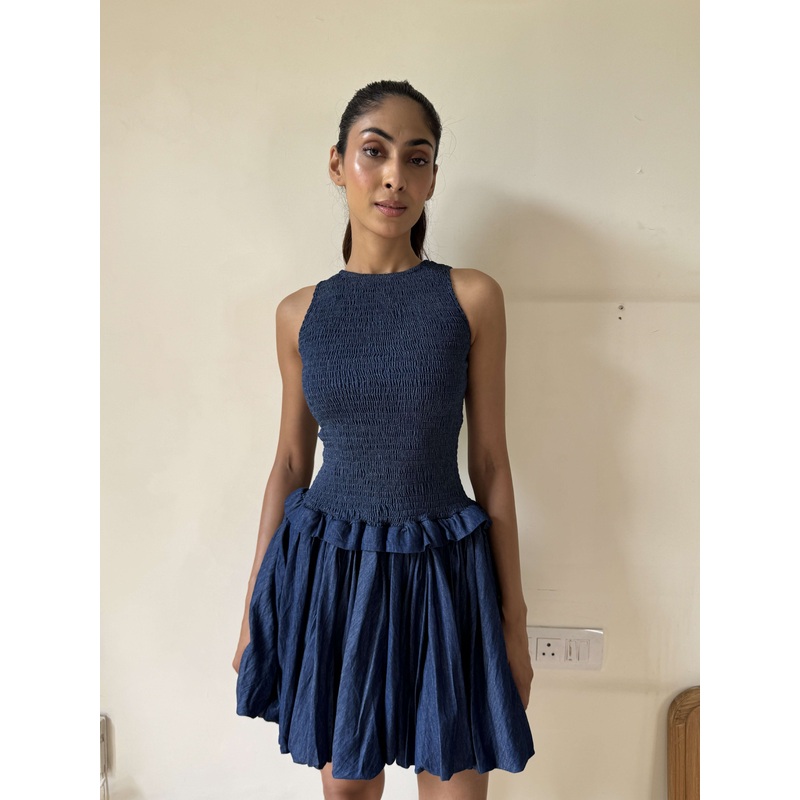 Denim Bubble Hem Mini Dress XS Teal Blue