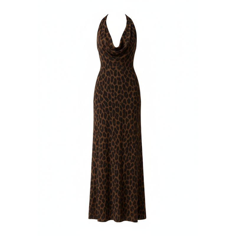 Leopard Print Cowl Neck Maxi Dress With Scarf XS Brown