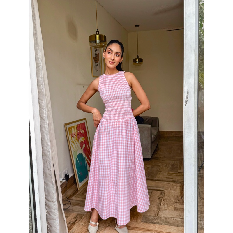 Pink Gingham Smocked Bodice Dress Pink XS