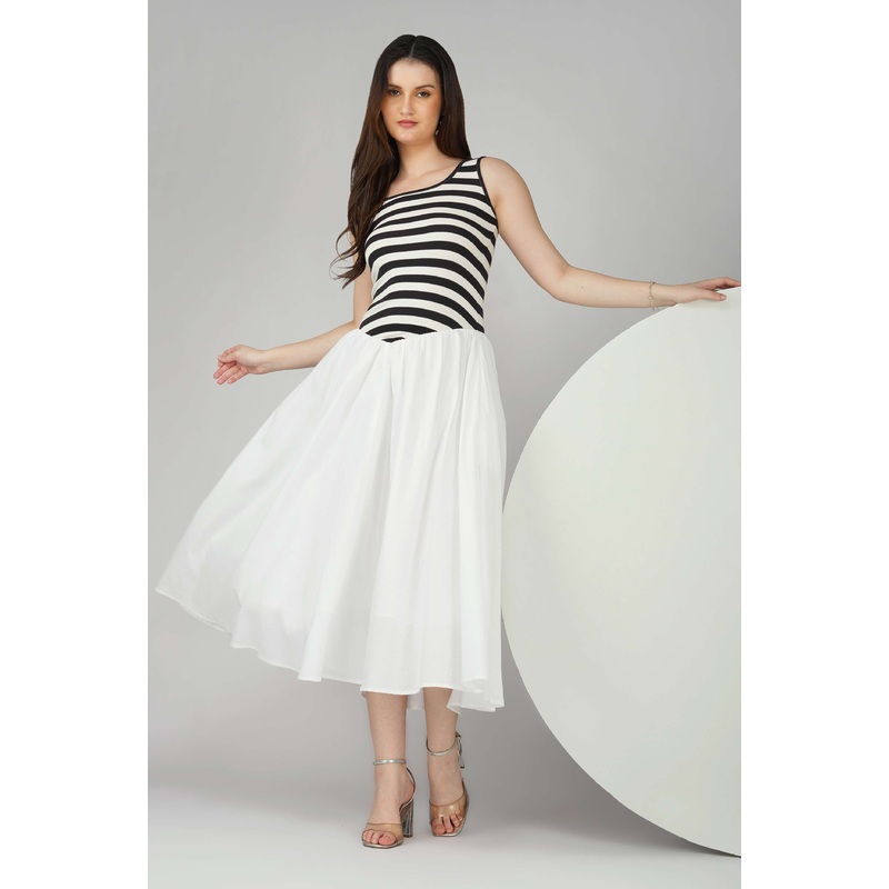 Striped Knit Bodice Dress with Flowy White Bottom Black XS