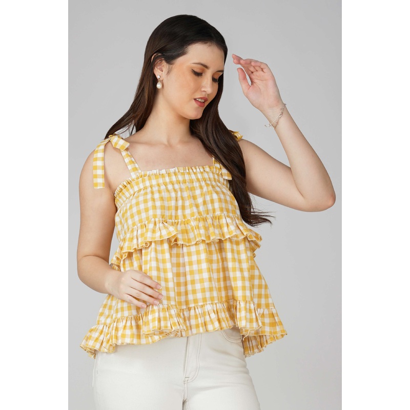 Yellow Gingham Ruffle Strap Top Yellow XS