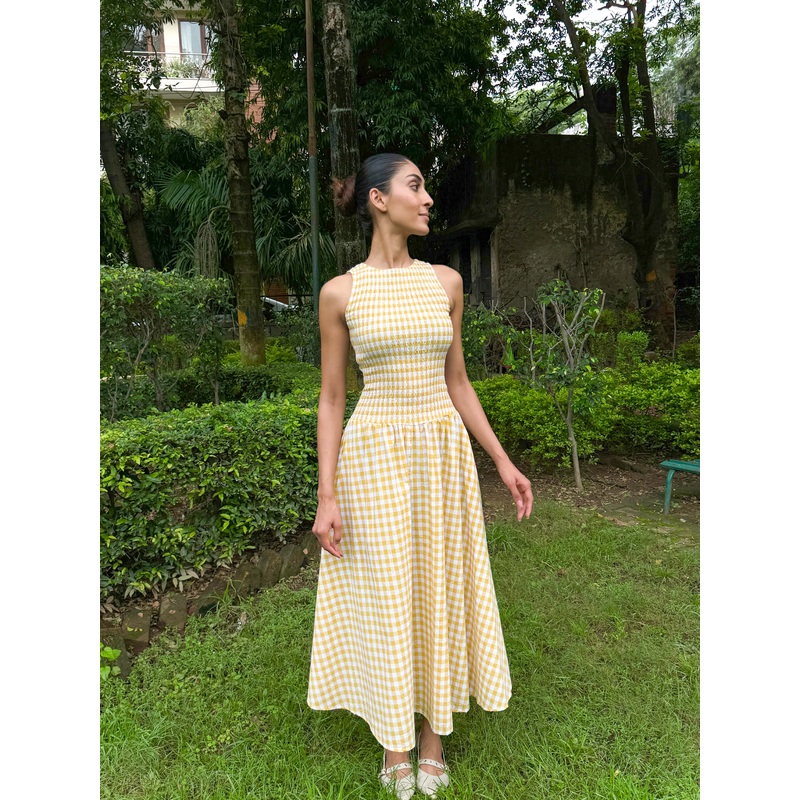 Yellow Gingham Smocked Bodice Dress Yellow XS
