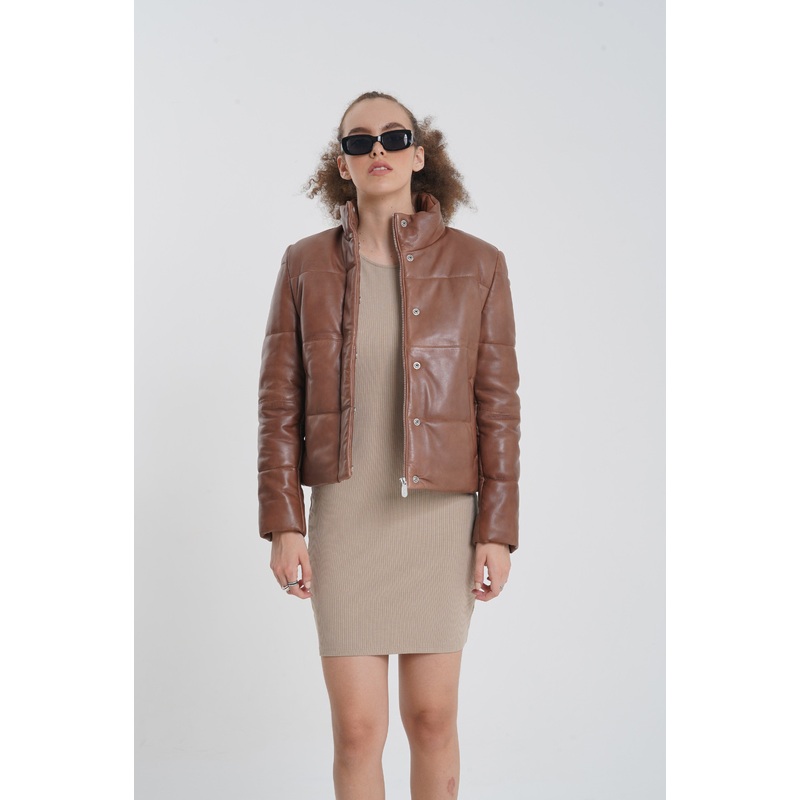 Abyss – Leather Puffer Jacket – Cognac XS