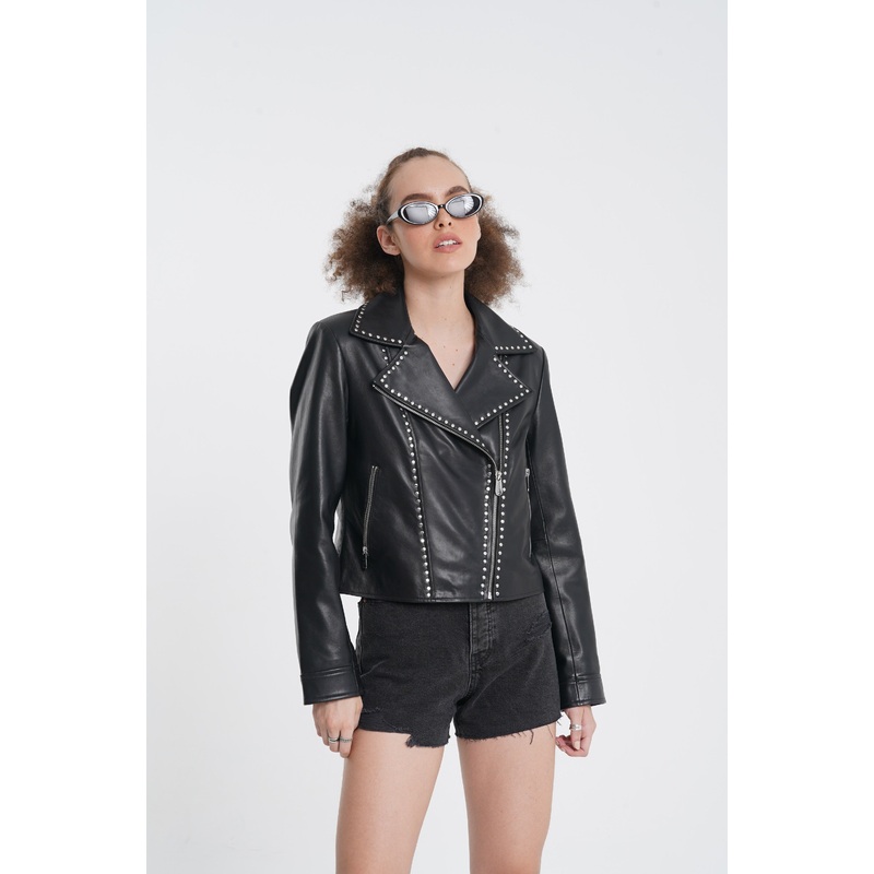 Astrid – Studded Leather Biker Jacket – Black XS