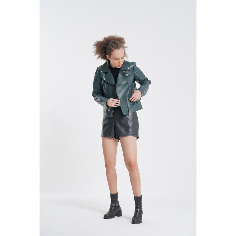 Beocca – Leather Biker Jacket – Peacock Green XS