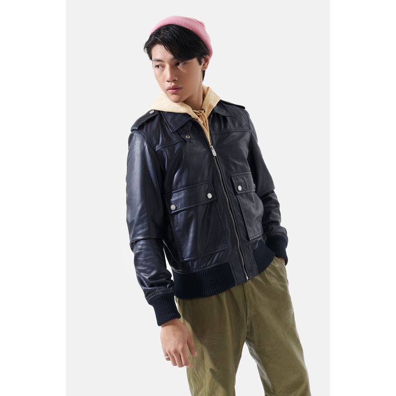 Castor – Leather Bomber Jacket – Navy XS