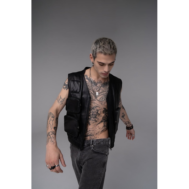 Edur – Leather Utility Gilet – Black S