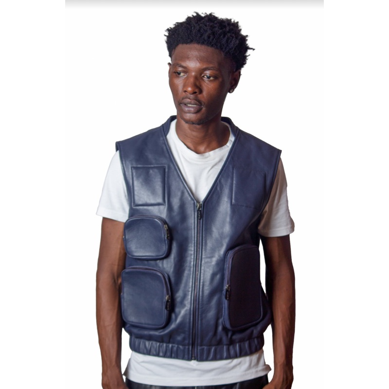 Edur – Leather Utility Gilet – Ink Blue S