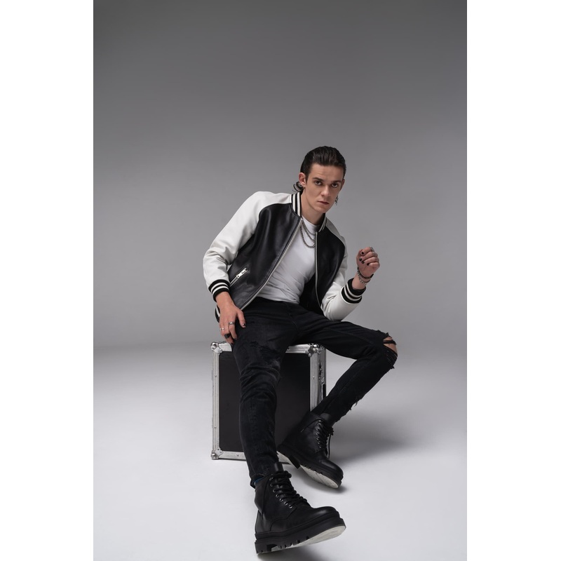 Eros – Leather Varsity Jacket – Black & White S