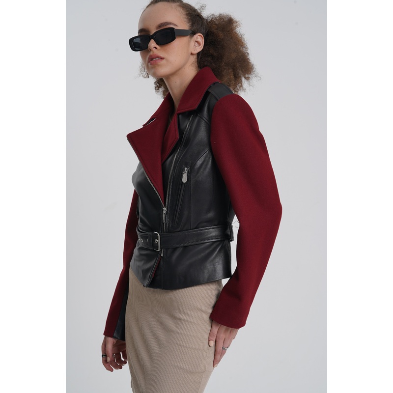 Frida – Leather Biker Jacket – Burgundy & Black XS