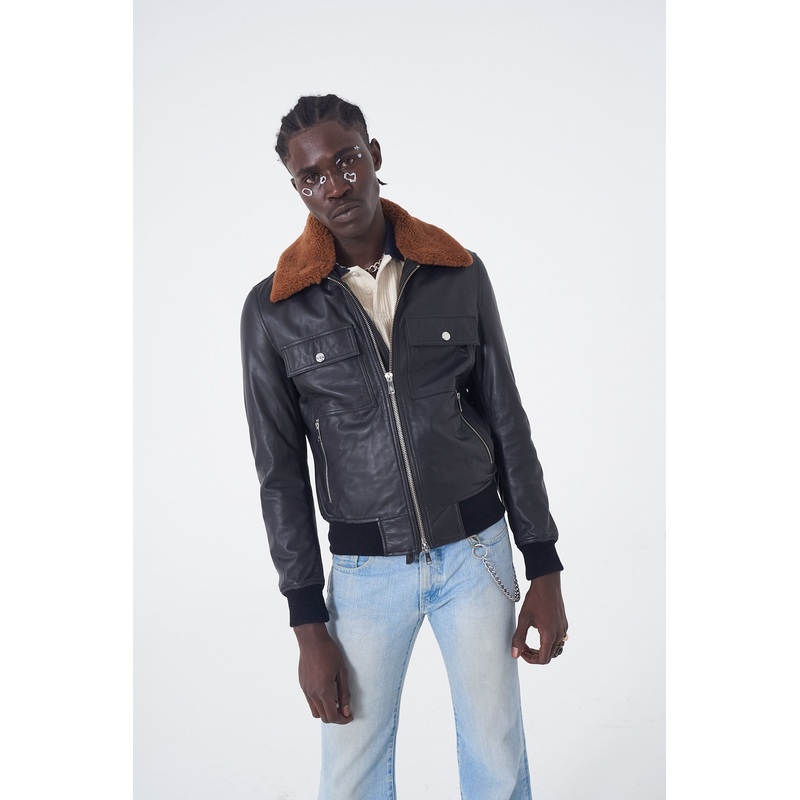 Juda – Bomber Leather Jacket – Whiskey Fur XS